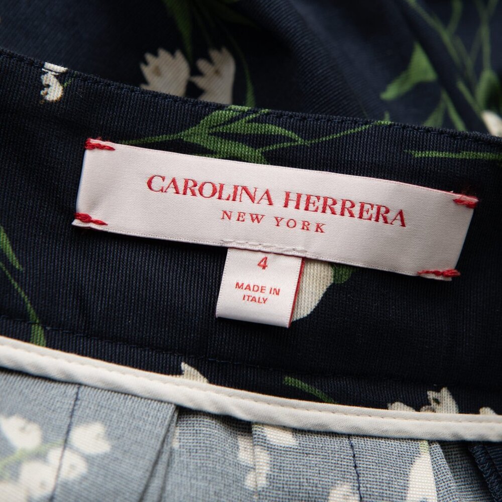 Carolina Herrera Midi Skirt Floral Print Made In Italy Navy Blue Green Cream 4 - Picture 4 of 8